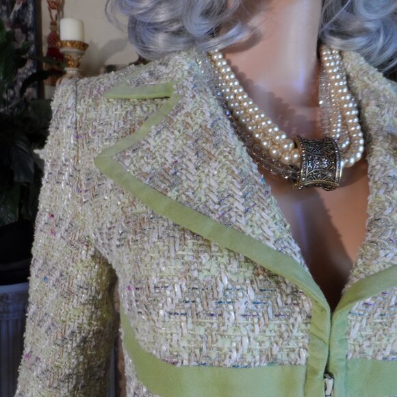 Douglas Hannant Light Green Houndstooth PatternTweed Skirt Suit Size 6 - Picture 7 of 16